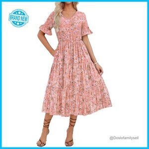 Floral Midi Dress Tiered Ruffle Sleeve V Neck Flowy Beach Casual Chic